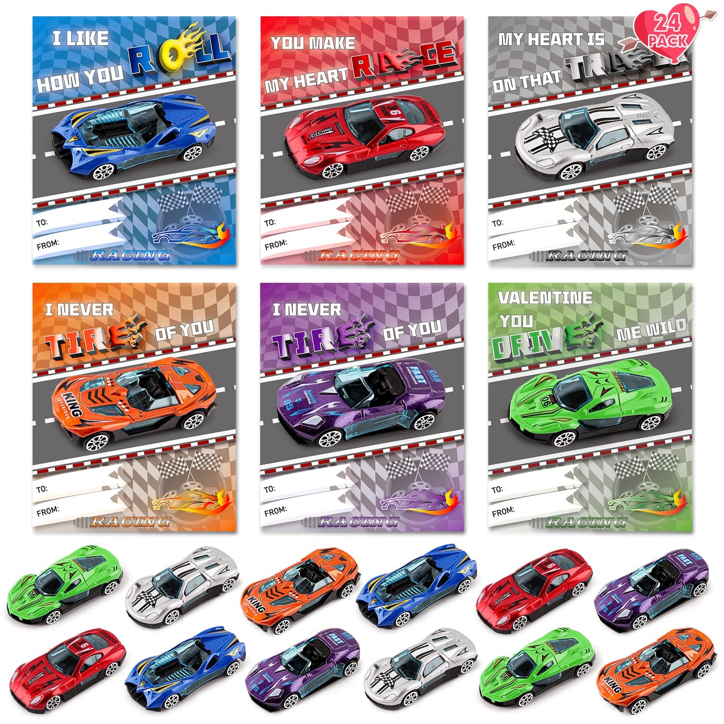 NizyDue Valentines Day Cards for Kids with 24 Die-Cast Racing Cars – Classroom Gifts & Party Favors
