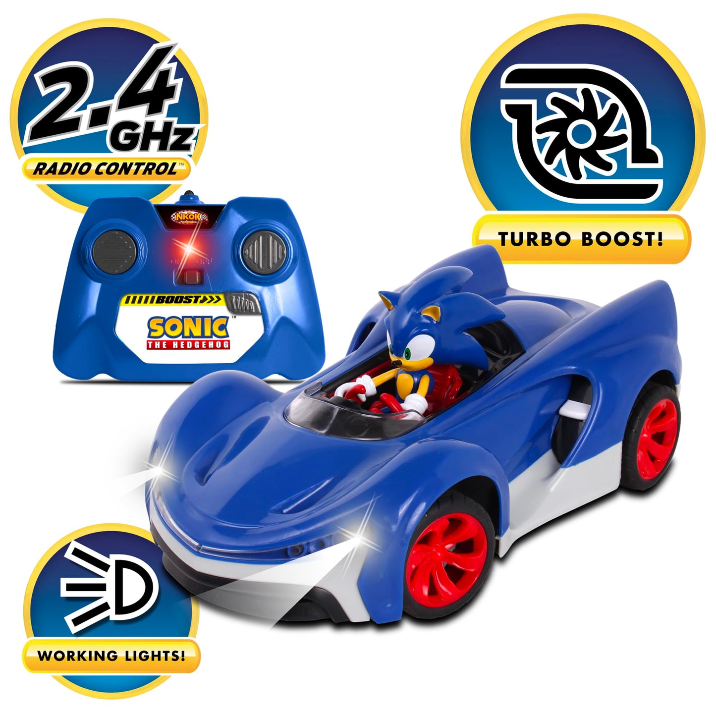 NKOK Team Sonic Racing RC Car with Turbo Boost — 2.4GHz, Lights & Adjustable Alignment