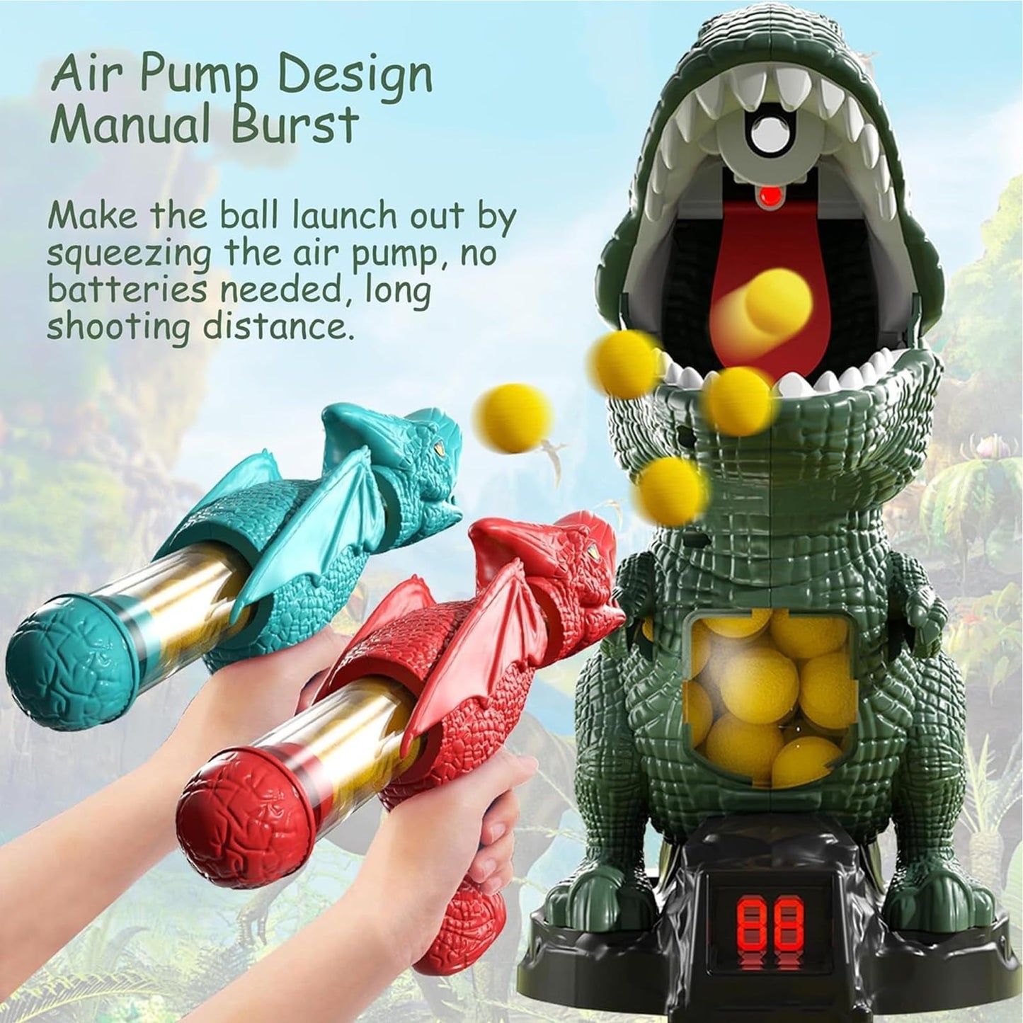 NMM Movable Dinosaur Shooting Toy – 2 Air Pump Guns, 72 Foam Bullets, LED Scoreboard