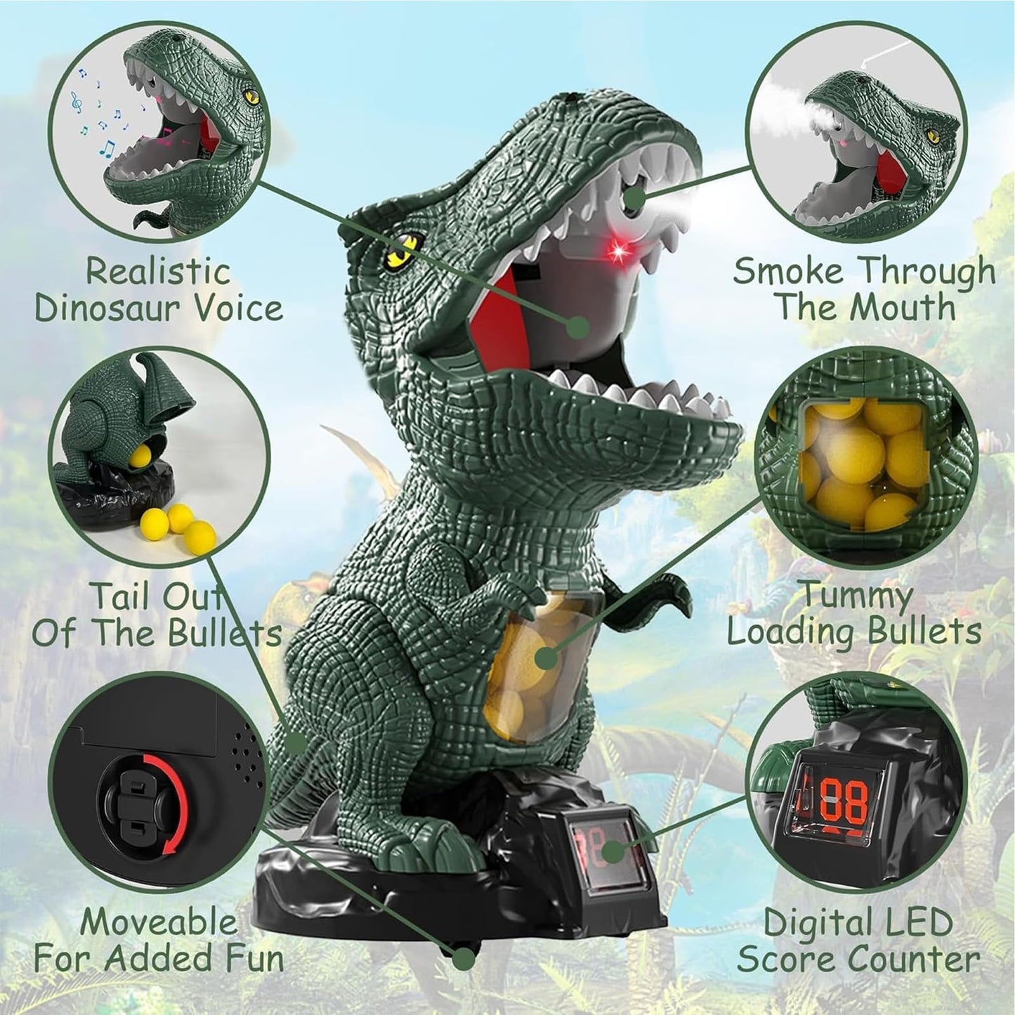NMM Movable Dinosaur Shooting Toy – 2 Air Pump Guns, 72 Foam Bullets, LED Scoreboard
