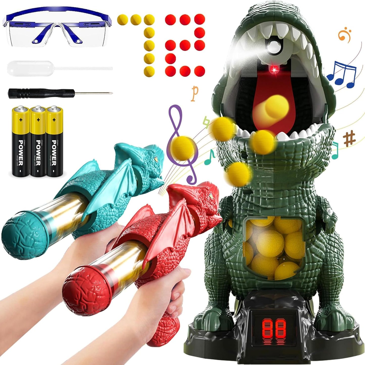 NMM Movable Dinosaur Shooting Toy – 2 Air Pump Guns, 72 Foam Bullets, LED Scoreboard