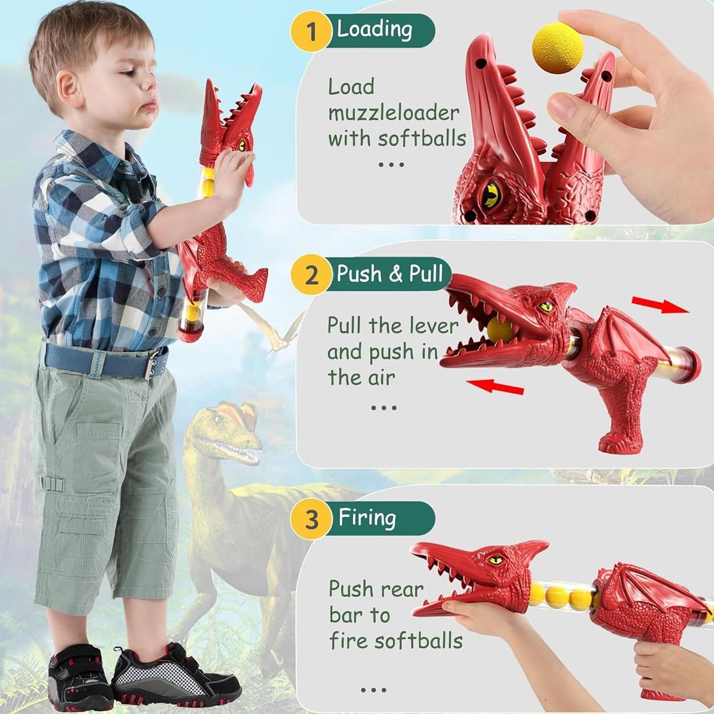 NMM Movable Dinosaur Shooting Toy – 2 Air Pump Guns, 72 Foam Bullets, LED Scoreboard