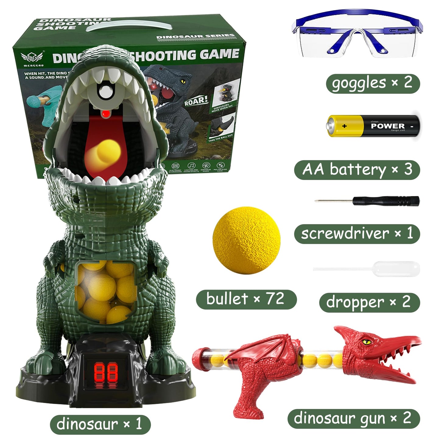 NMM Movable Dinosaur Shooting Toy – 2 Air Pump Guns, 72 Foam Bullets, LED Scoreboard
