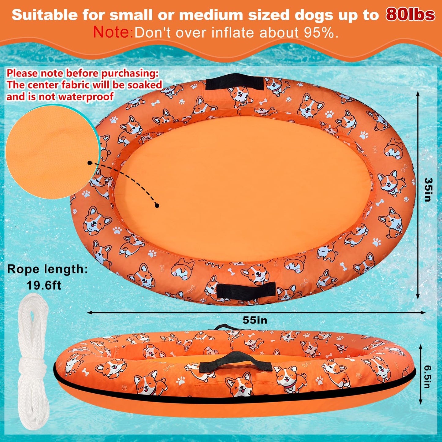 NNG 55x35 Inch Inflatable Dog Pool Float with Rope – Up to 80 lb
