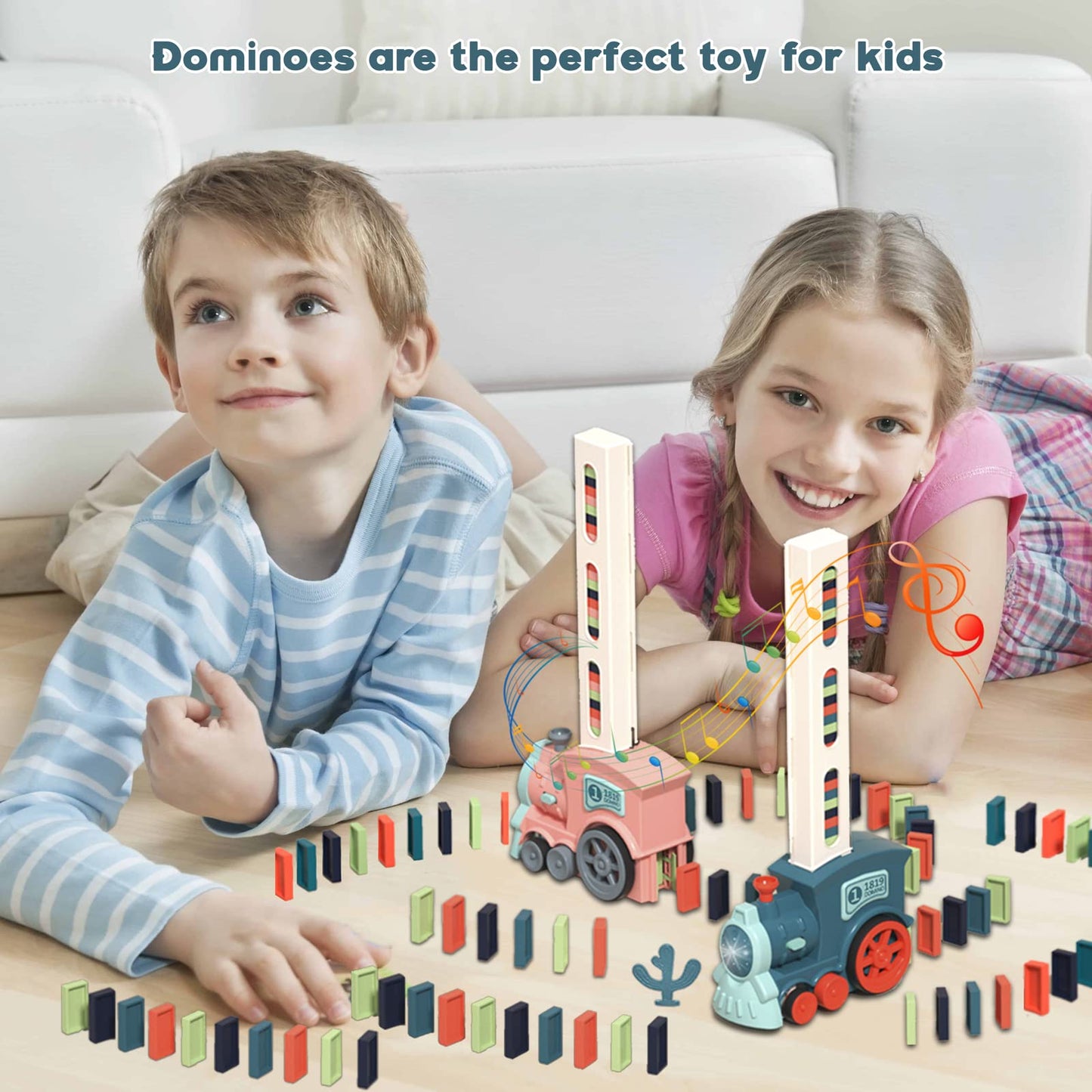 Noaideoi Domino Train Toy Set for Kids – Automatic Dominoes Blocks Building (Cyan)