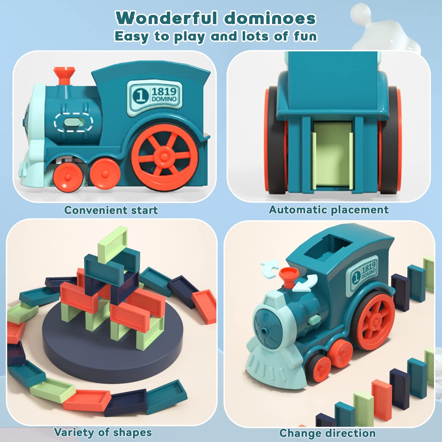 Noaideoi Domino Train Toy Set for Kids – Automatic Dominoes Blocks Building (Cyan)