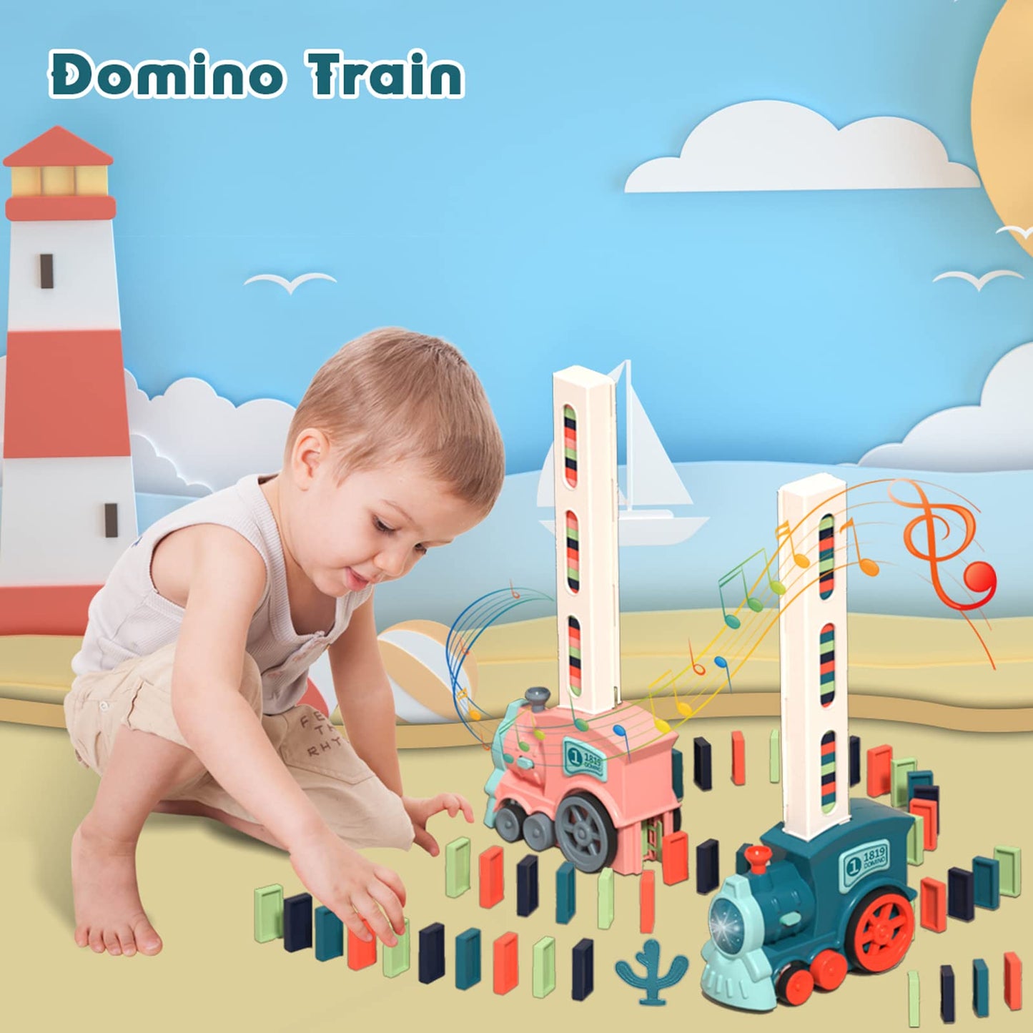 Noaideoi Domino Train Toy Set for Kids – Automatic Dominoes Blocks Building (Cyan)