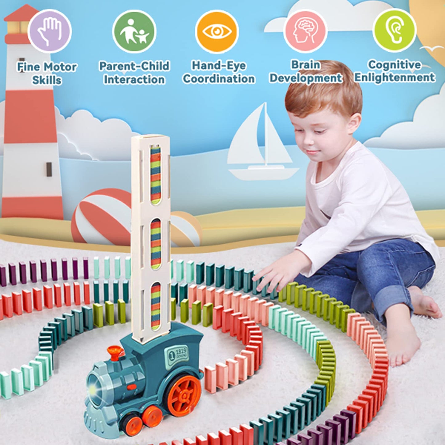 Noaideoi Domino Train Toy Set for Kids – Automatic Dominoes Blocks Building (Cyan)