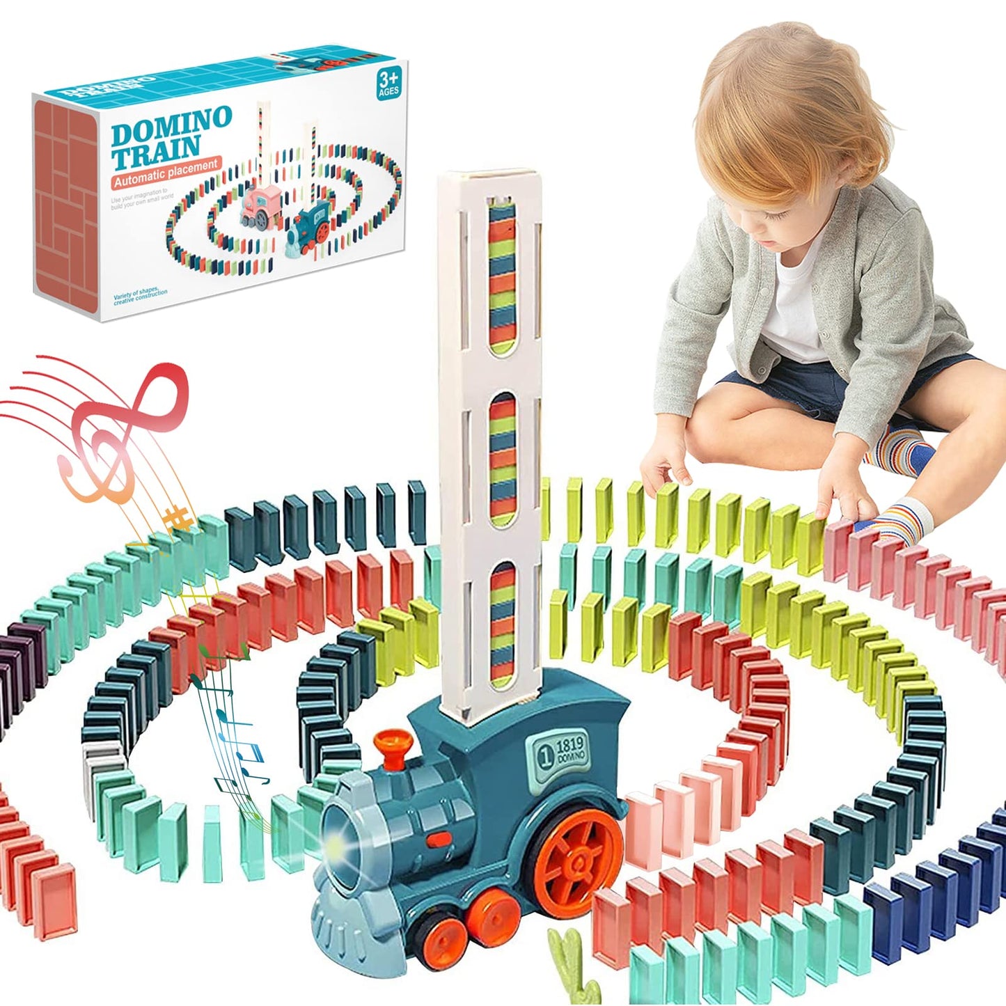 Noaideoi Domino Train Toy Set for Kids – Automatic Dominoes Blocks Building (Cyan)