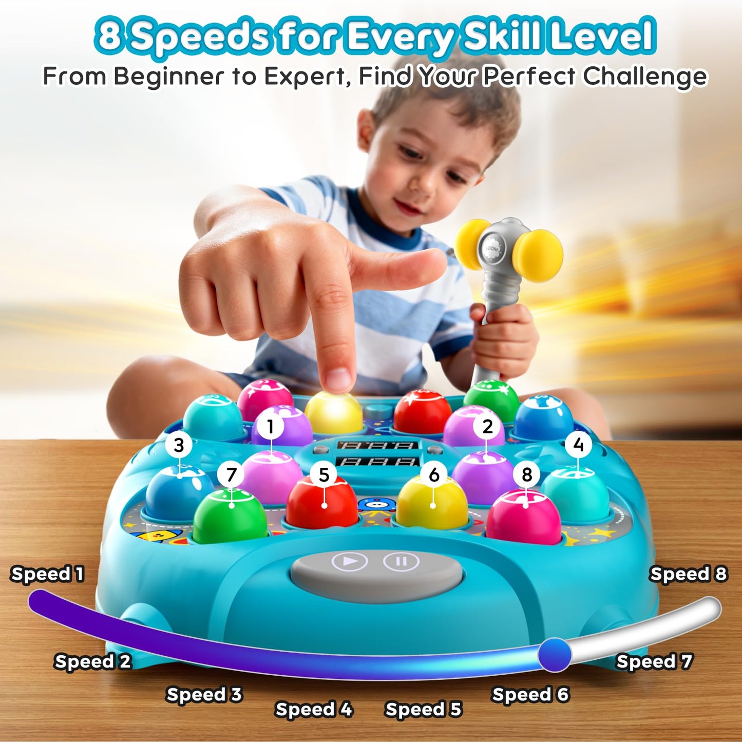 Noltola Whack Mole Game for Kids — Lights, Sounds, 3 Modes, 9 Speeds, 2 Hammers | Blue