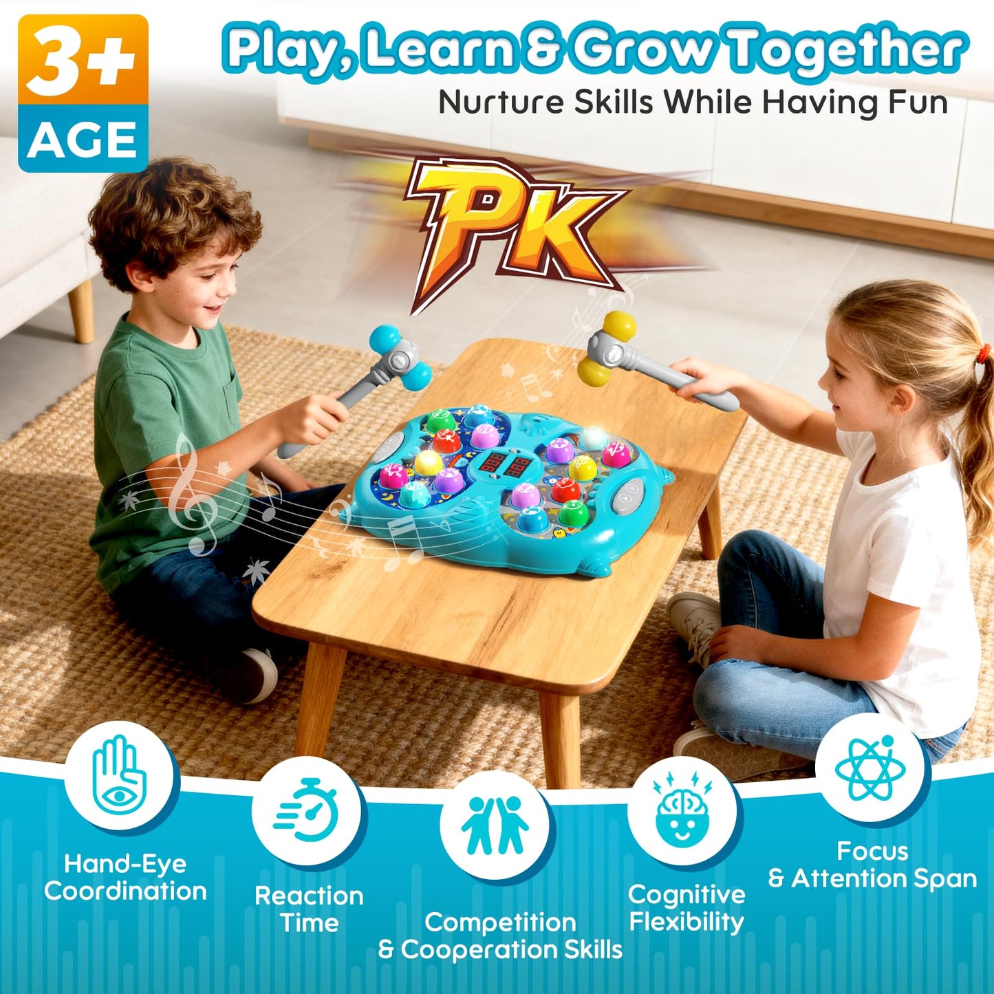 Noltola Whack Mole Game for Kids — Lights, Sounds, 3 Modes, 9 Speeds, 2 Hammers | Blue
