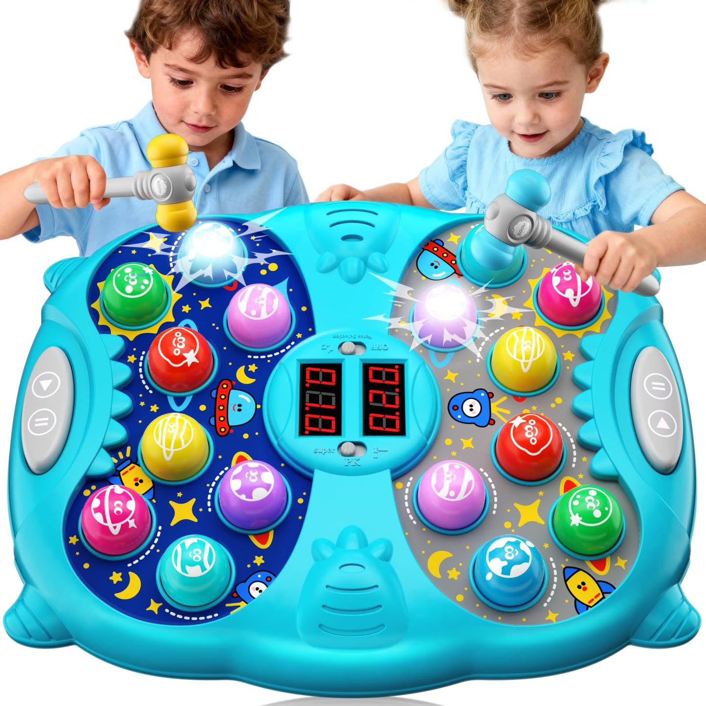 Noltola Whack Mole Game for Kids — Lights, Sounds, 3 Modes, 9 Speeds, 2 Hammers | Blue