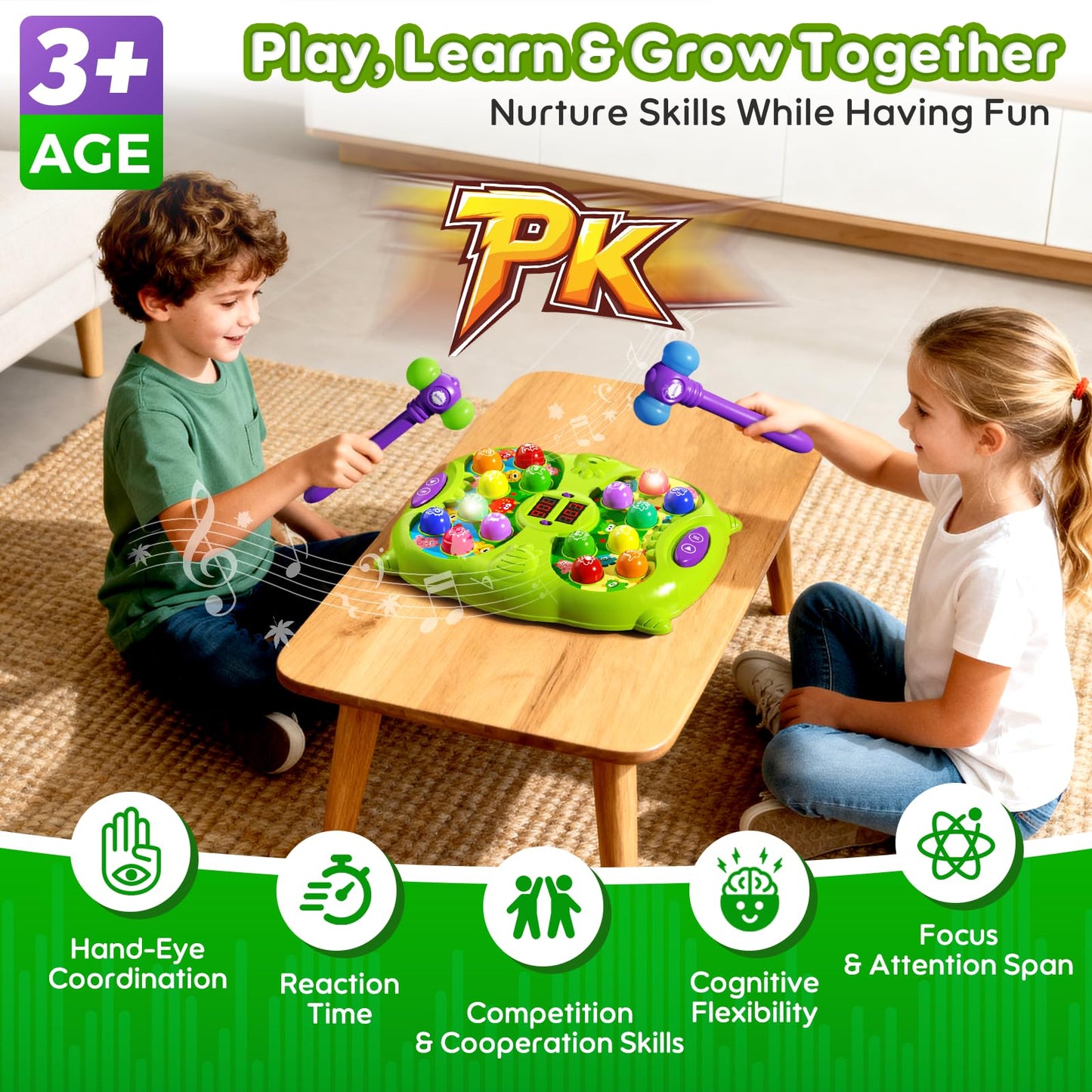 Noltola Whack Mole Game for Kids – 3 Modes, Lights & Sounds, 2 Hammers, Educational Toy for Ages 3-12 – Green