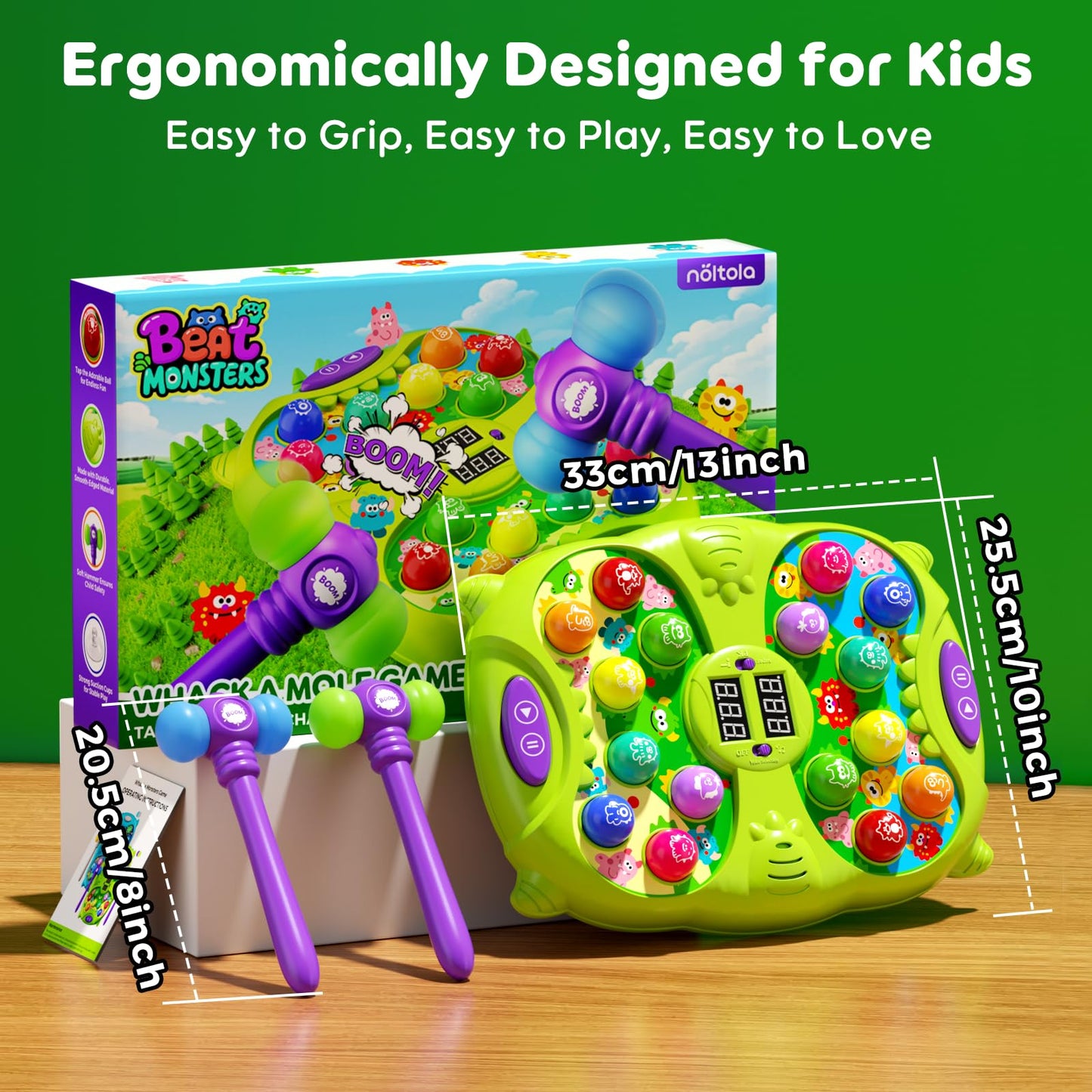 Noltola Whack Mole Game for Kids – 3 Modes, Lights & Sounds, 2 Hammers, Educational Toy for Ages 3-12 – Green