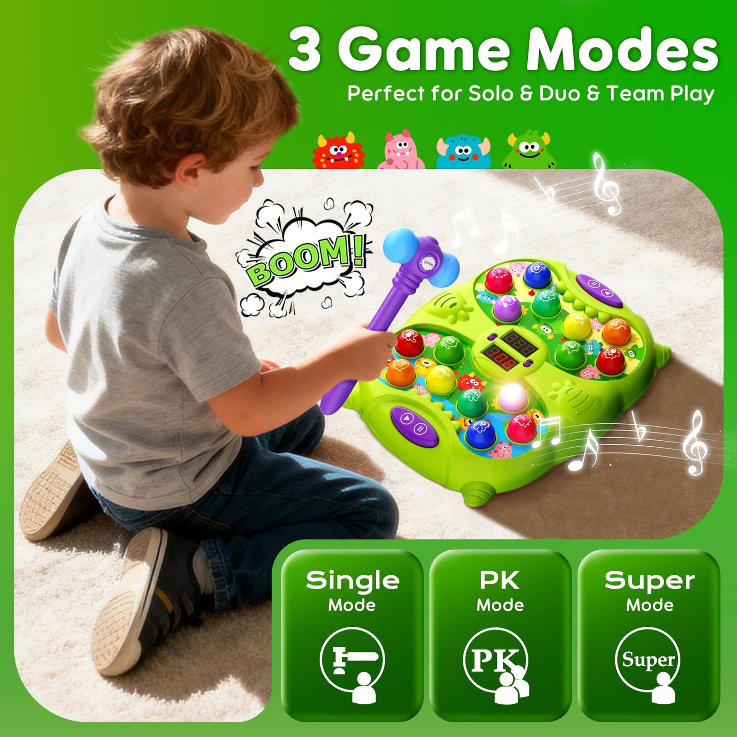 Noltola Whack Mole Game for Kids – 3 Modes, Lights & Sounds, 2 Hammers, Educational Toy for Ages 3-12 – Green