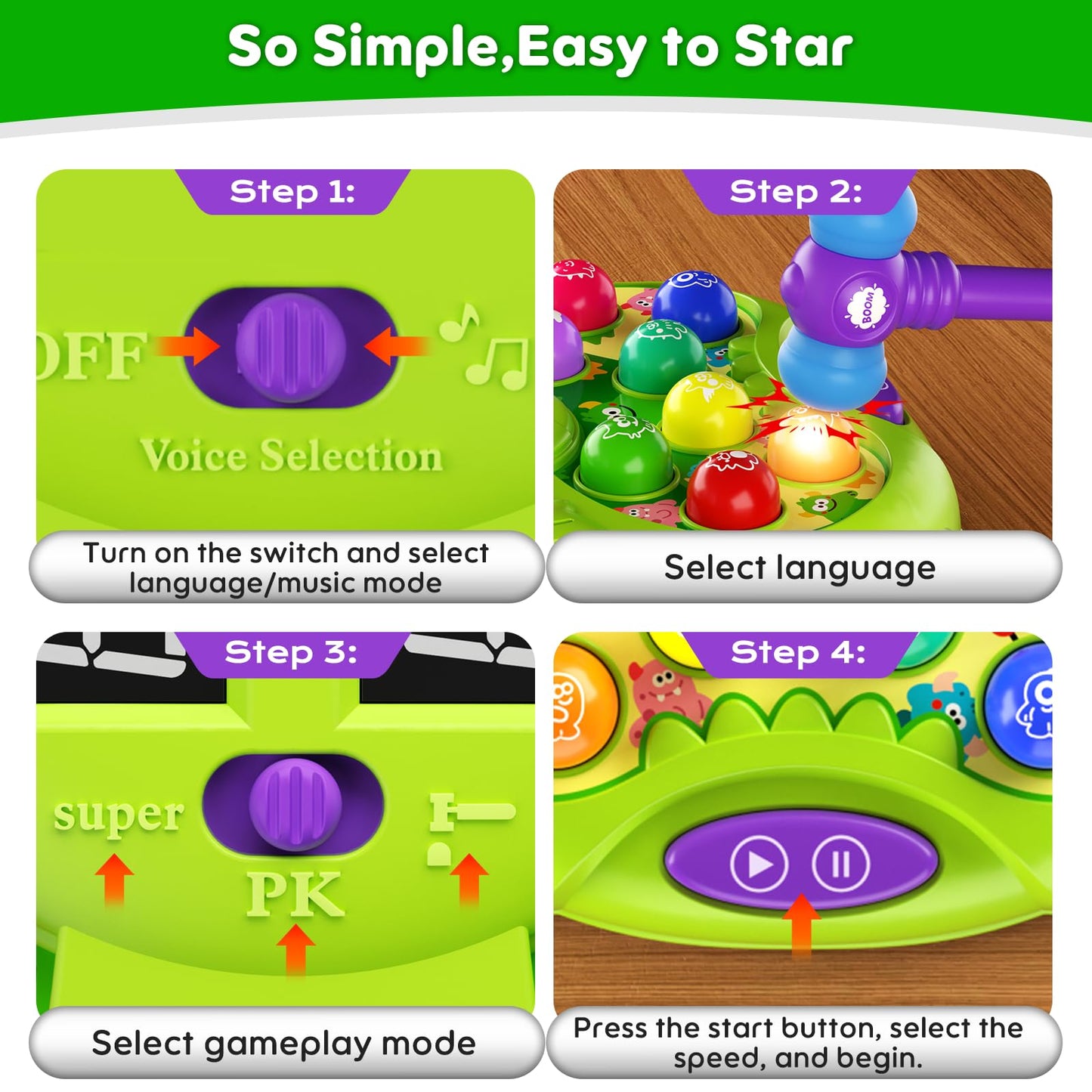 Noltola Whack Mole Game for Kids – 3 Modes, Lights & Sounds, 2 Hammers, Educational Toy for Ages 3-12 – Green