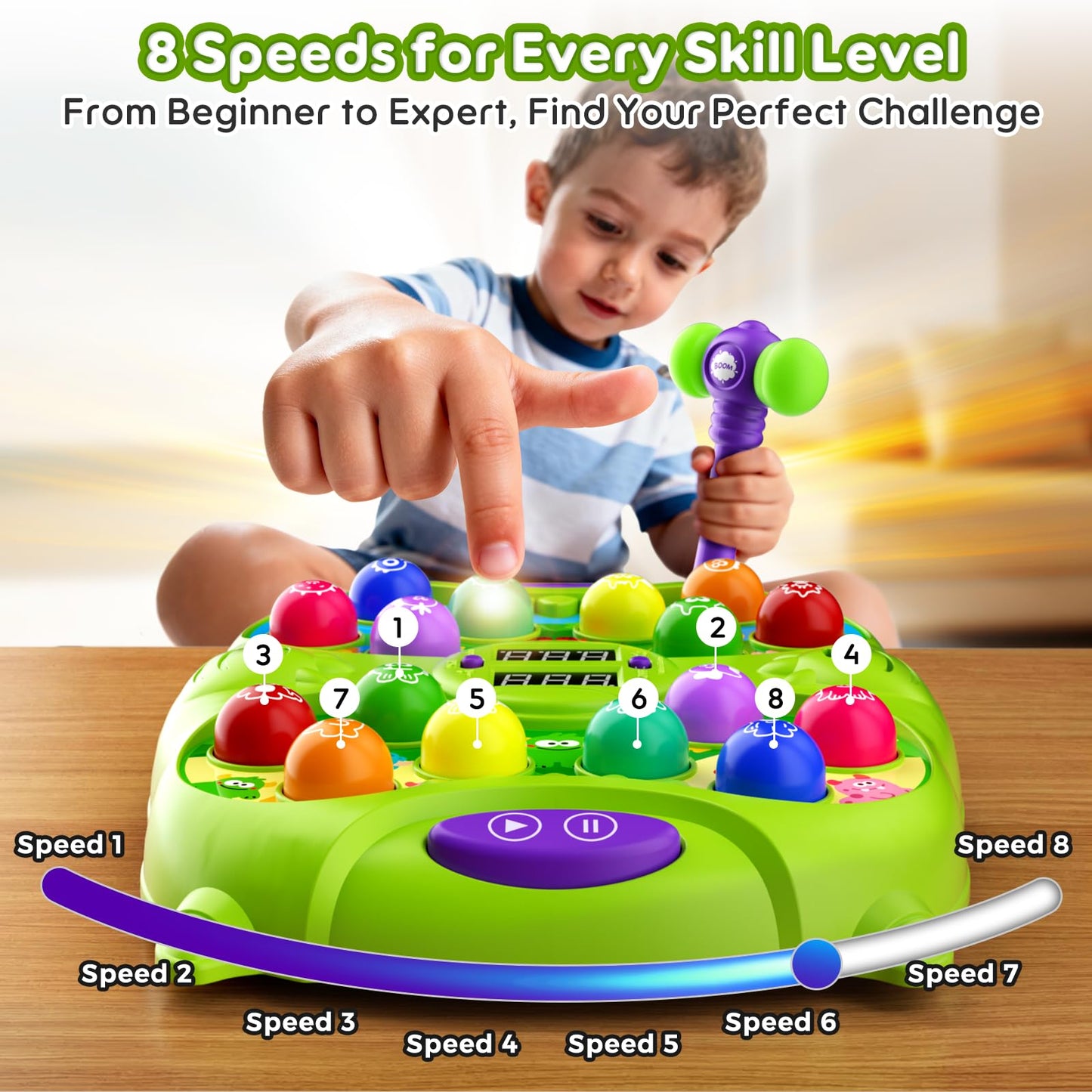 Noltola Whack Mole Game for Kids – 3 Modes, Lights & Sounds, 2 Hammers, Educational Toy for Ages 3-12 – Green