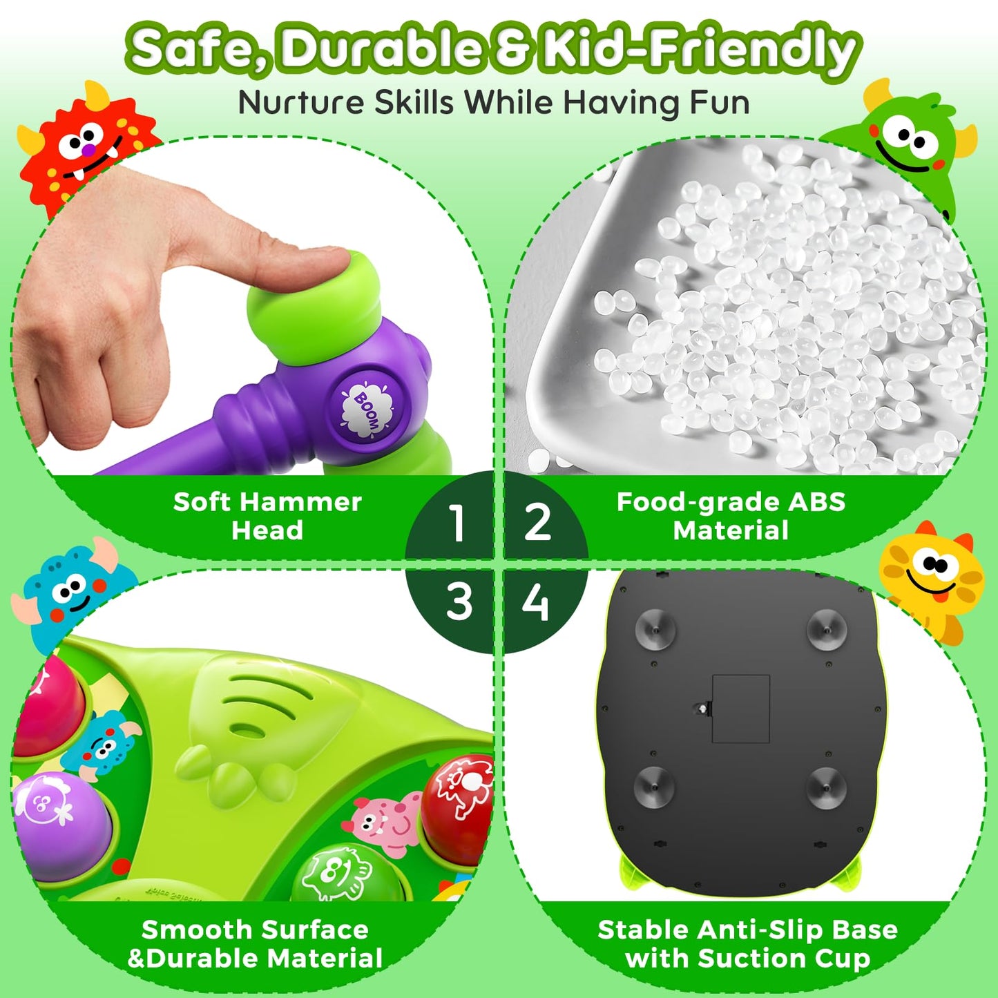 Noltola Whack Mole Game for Kids – 3 Modes, Lights & Sounds, 2 Hammers, Educational Toy for Ages 3-12 – Green
