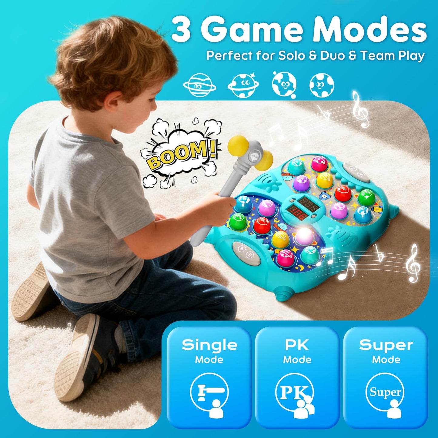 Noltola Whack Mole Game for Kids — Lights, Sounds, 3 Modes, 9 Speeds, 2 Hammers | Blue