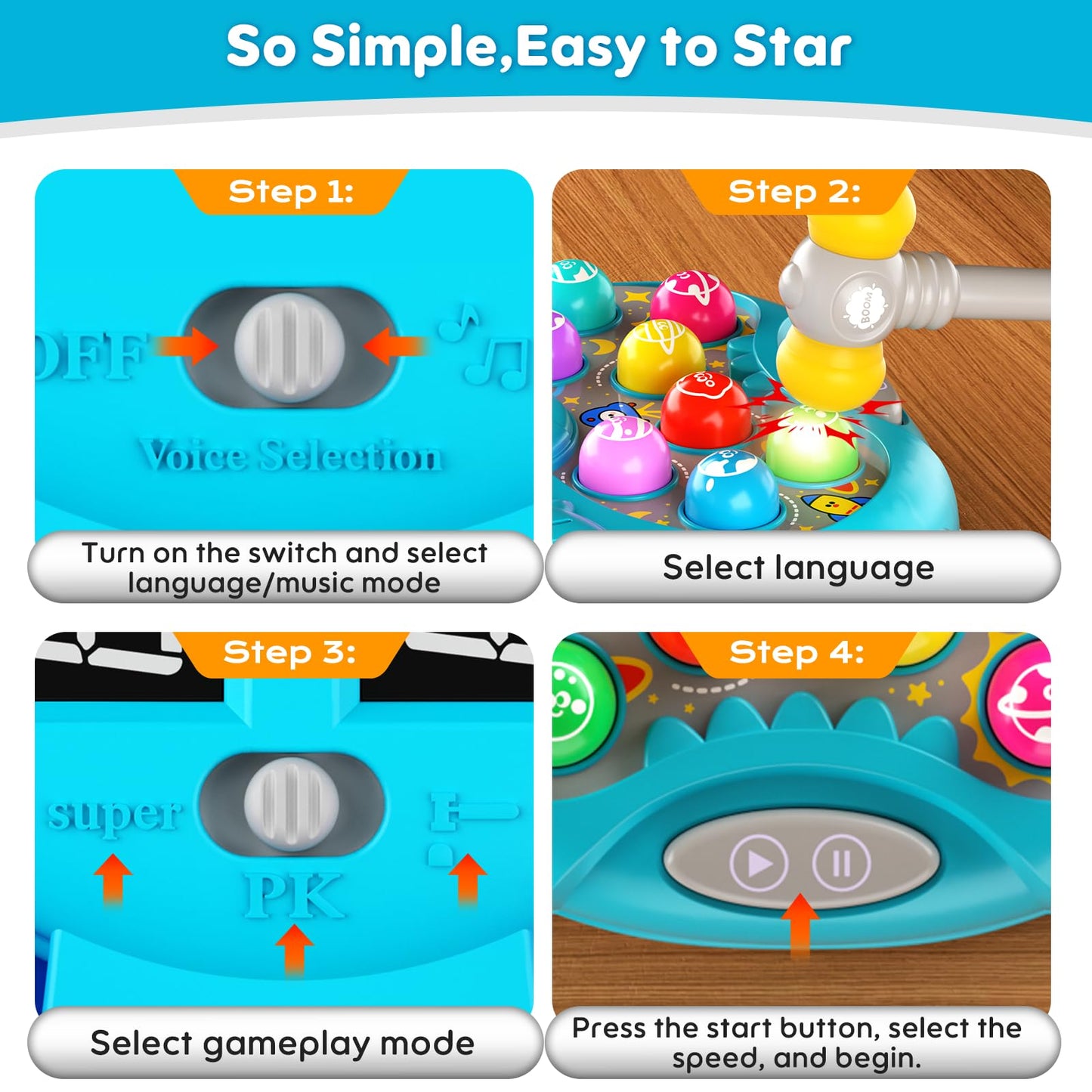 Noltola Whack Mole Game for Kids — Lights, Sounds, 3 Modes, 9 Speeds, 2 Hammers | Blue