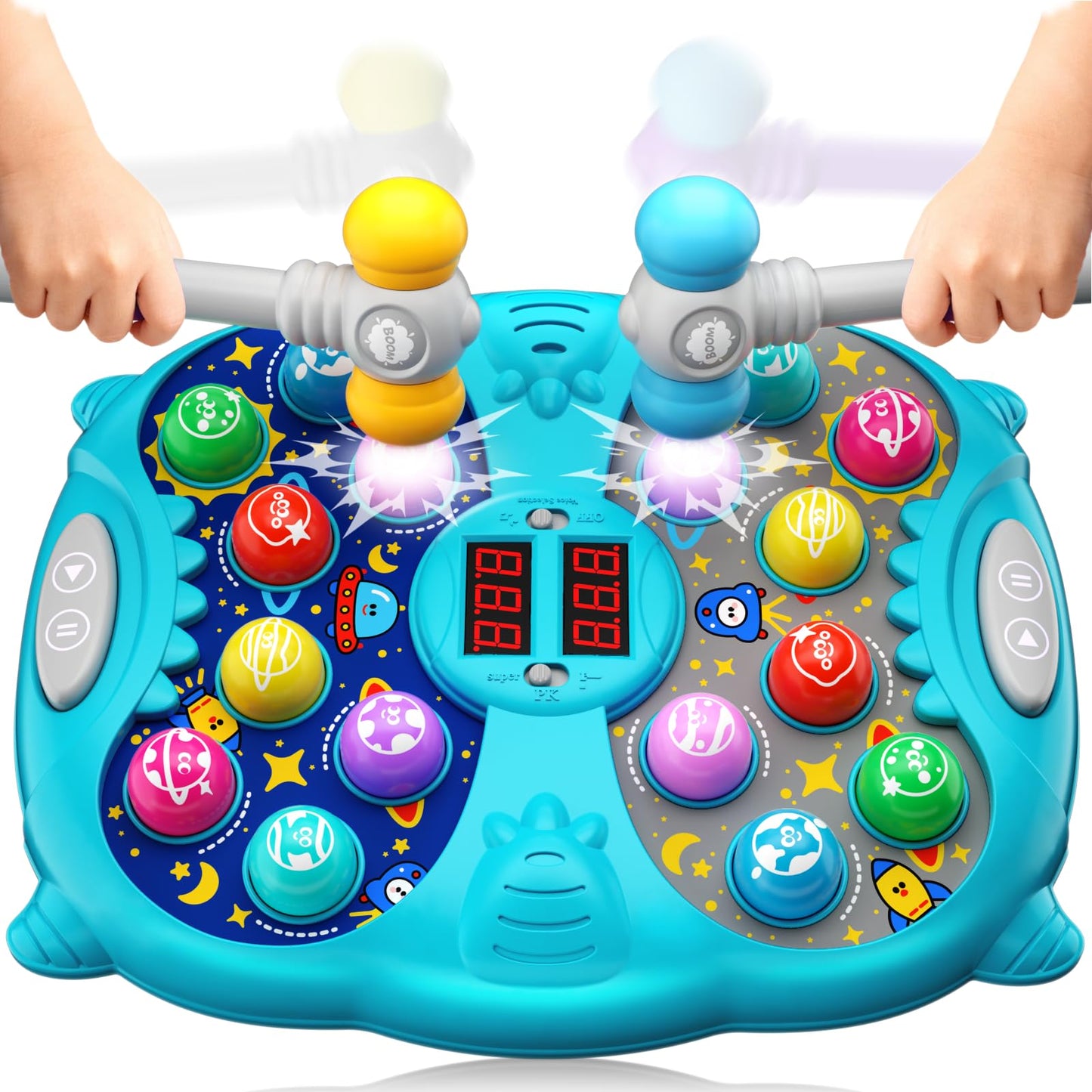 Noltola Whack Mole Game for Kids — Lights, Sounds, 3 Modes, 9 Speeds, 2 Hammers | Blue