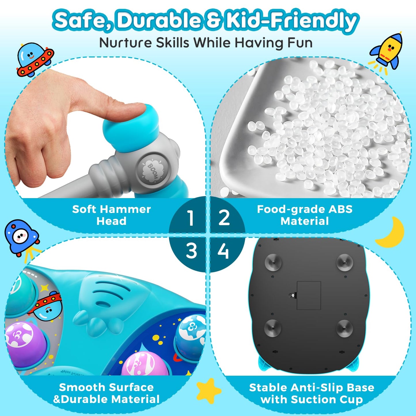 Noltola Whack Mole Game for Kids — Lights, Sounds, 3 Modes, 9 Speeds, 2 Hammers | Blue