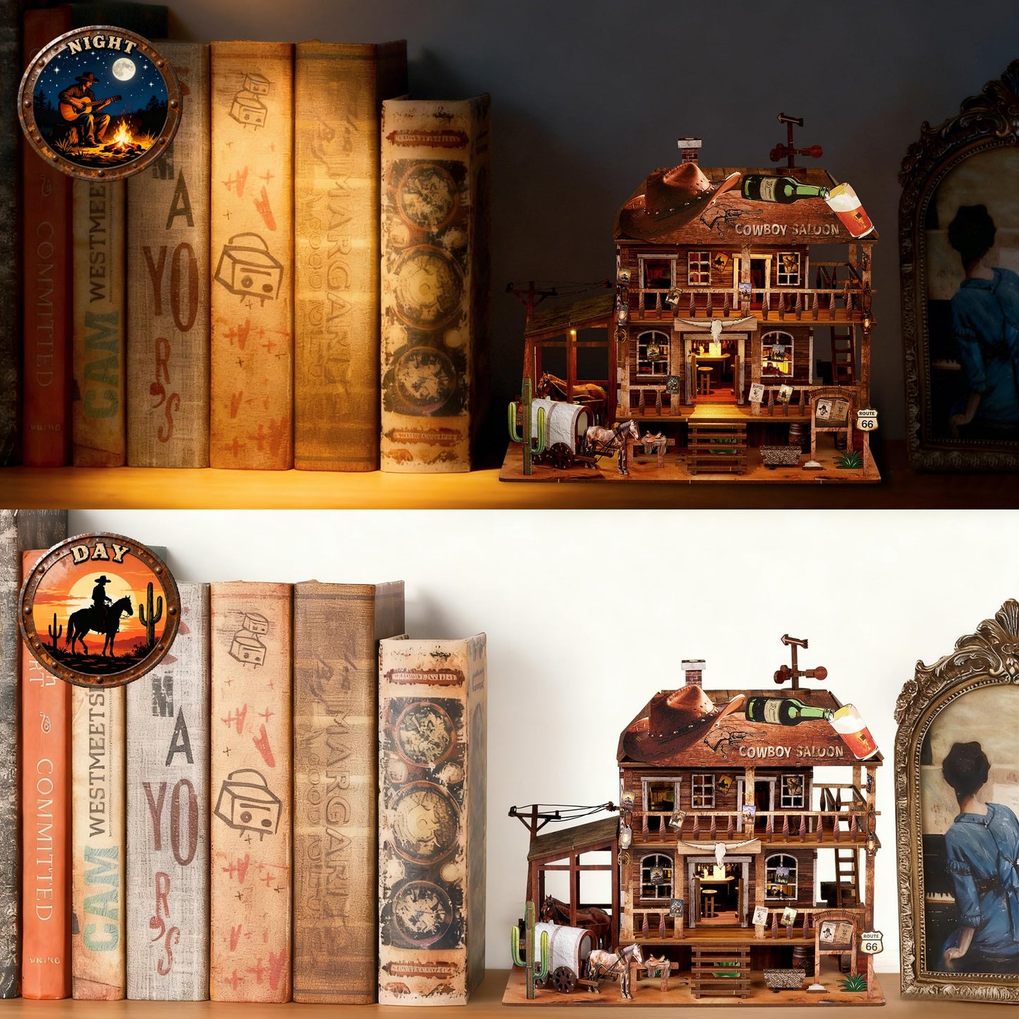 NookMaster Cowboy Saloon Miniature Kit – DIY Dollhouse Booknook with LED Light