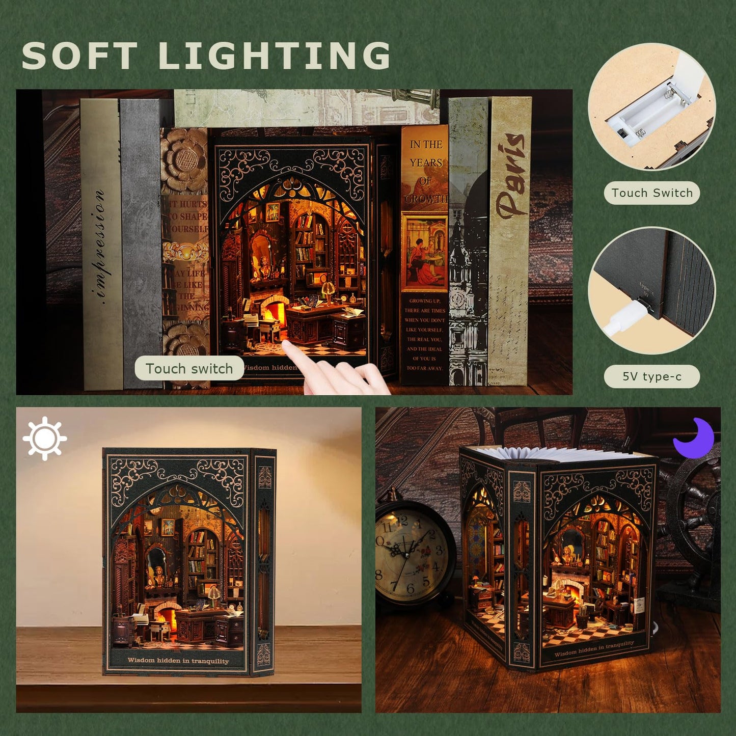 NookMaster Book Nook Kit with Nightlight | USB-C & Battery Powered DIY Bookshelf Decor