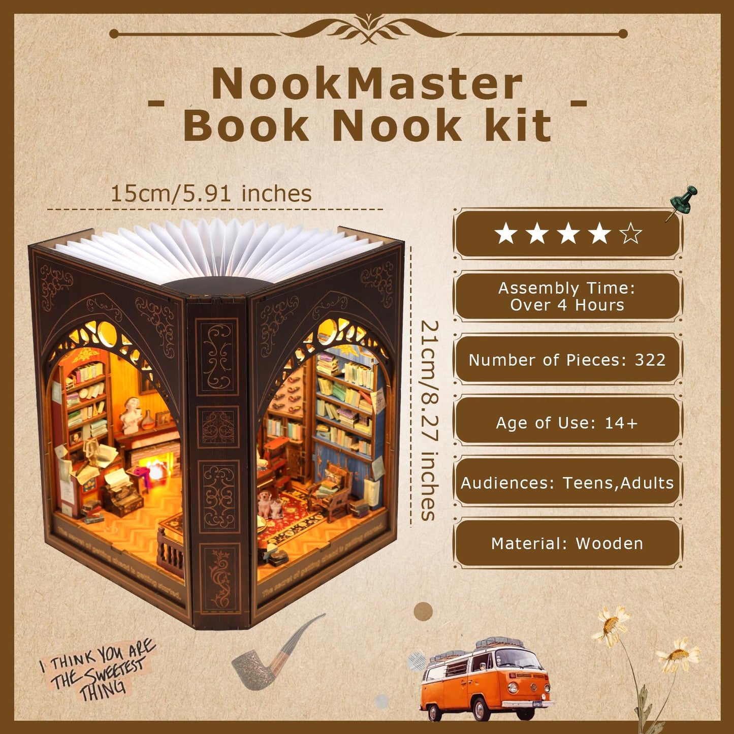 NookMaster Book Nook Kit – DIY 3D Wooden Dollhouse with LED Light (Mark Twain’s Library)