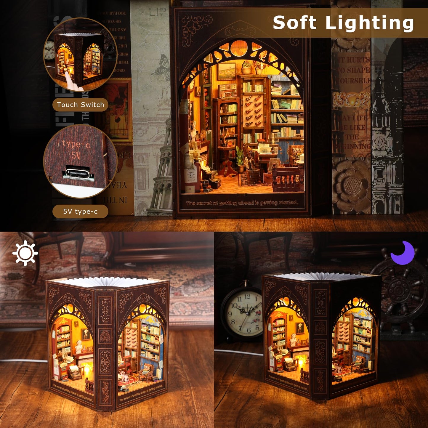 NookMaster Book Nook Kit – DIY 3D Wooden Dollhouse with LED Light (Mark Twain’s Library)
