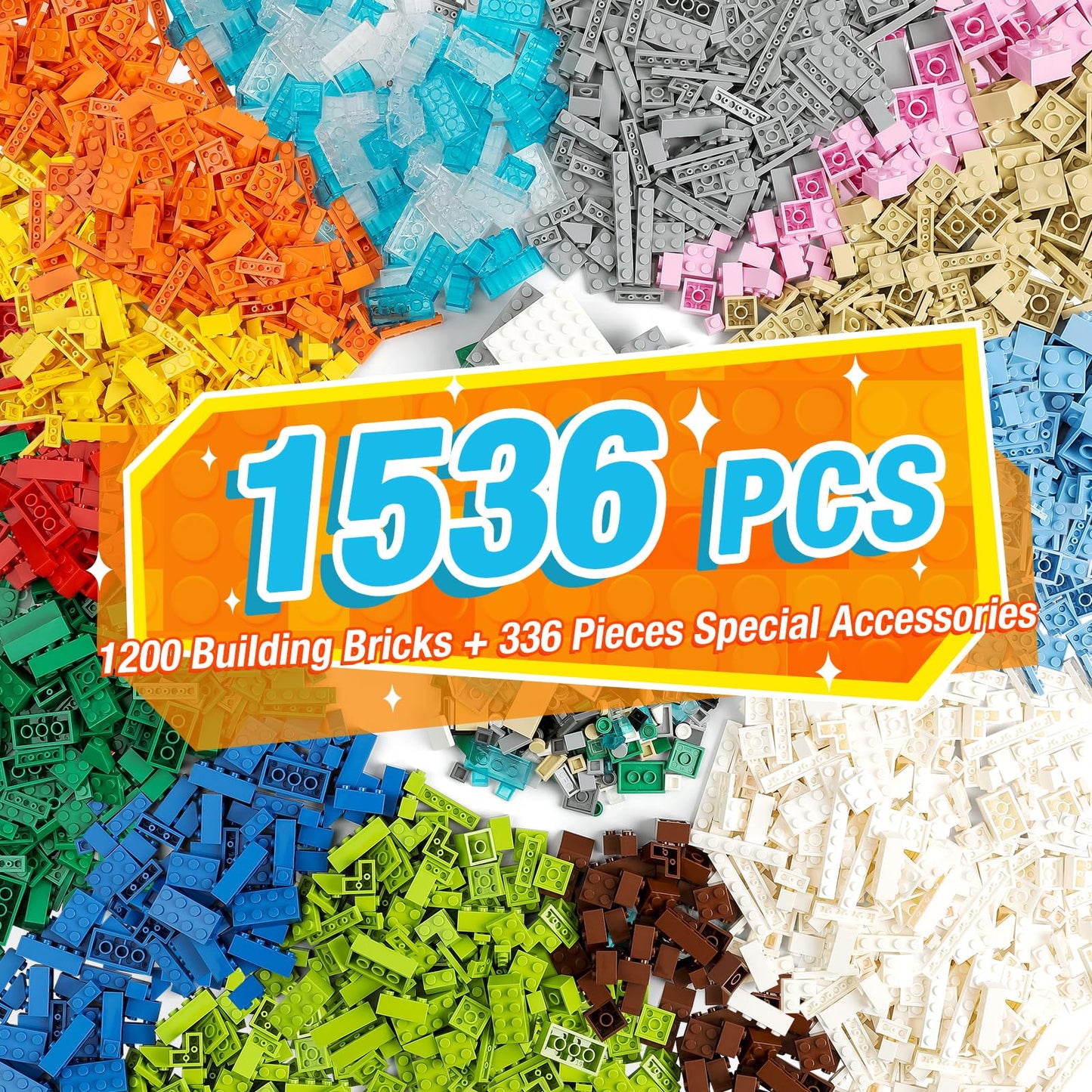 Noorastars 1500 Pieces Building Bricks – Lego Compatible, 16 Colors, 18 Shapes, 30 Baseplates, 46 Wheel Parts