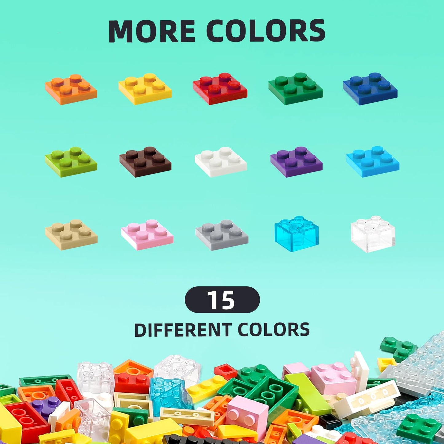 Noorastars 1500 Pieces Building Bricks – Lego Compatible, 16 Colors, 18 Shapes, 30 Baseplates, 46 Wheel Parts