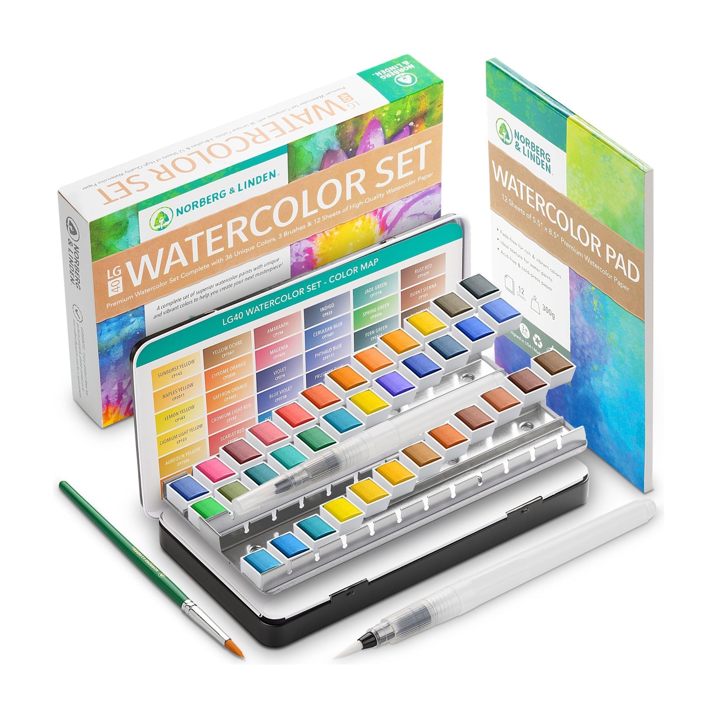Norberg & Linden LG Watercolor Paint Set – 36 Half-Pan Colors, 12-Sheet Paper Pad, 3-Piece Brush Set