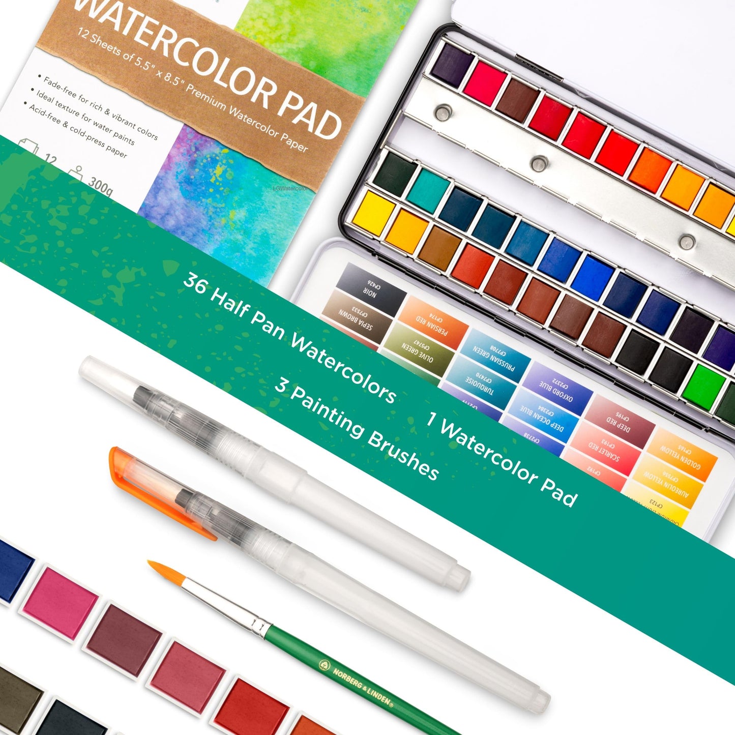 Norberg & Linden LG Watercolor Paint Set – 36 Half-Pan Colors, 12-Sheet Paper Pad, 3-Piece Brush Set