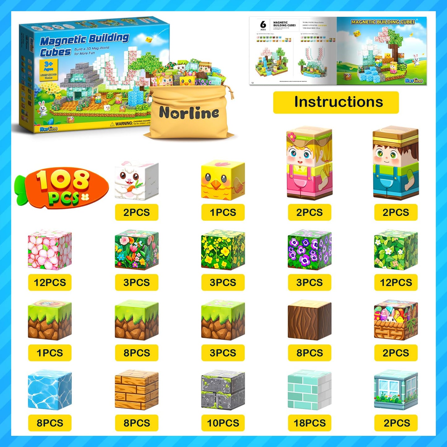 Norline 108PCS Magnetic Blocks – STEM Building Toys for Kids 3-12
