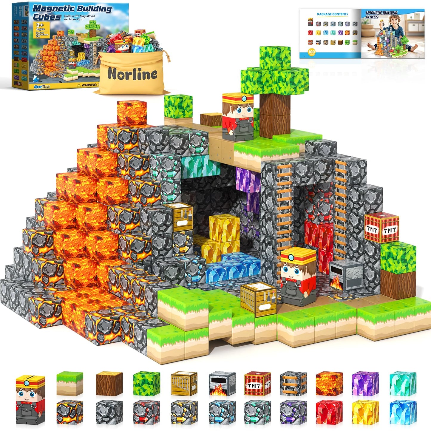 Norline 100Pcs Magnetic Blocks – Gem Mine Adventure STEM Toy (Ages 3–12)