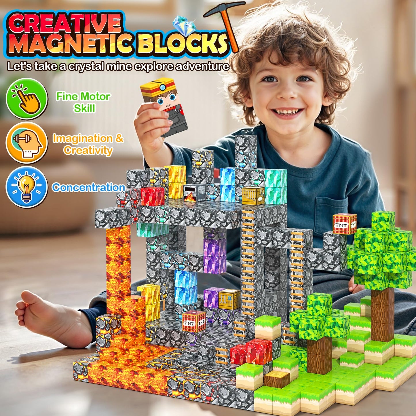 Norline 100Pcs Magnetic Blocks – Gem Mine Adventure STEM Toy (Ages 3–12)