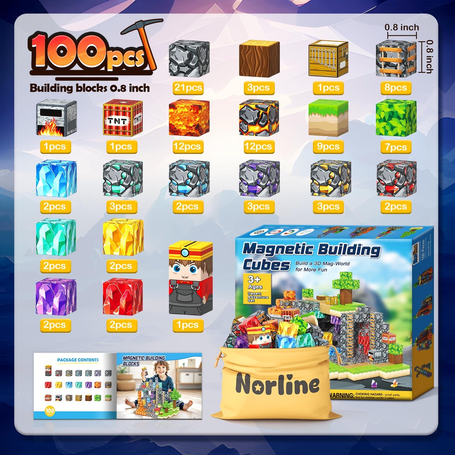 Norline 100Pcs Magnetic Blocks – Gem Mine Adventure STEM Toy (Ages 3–12)