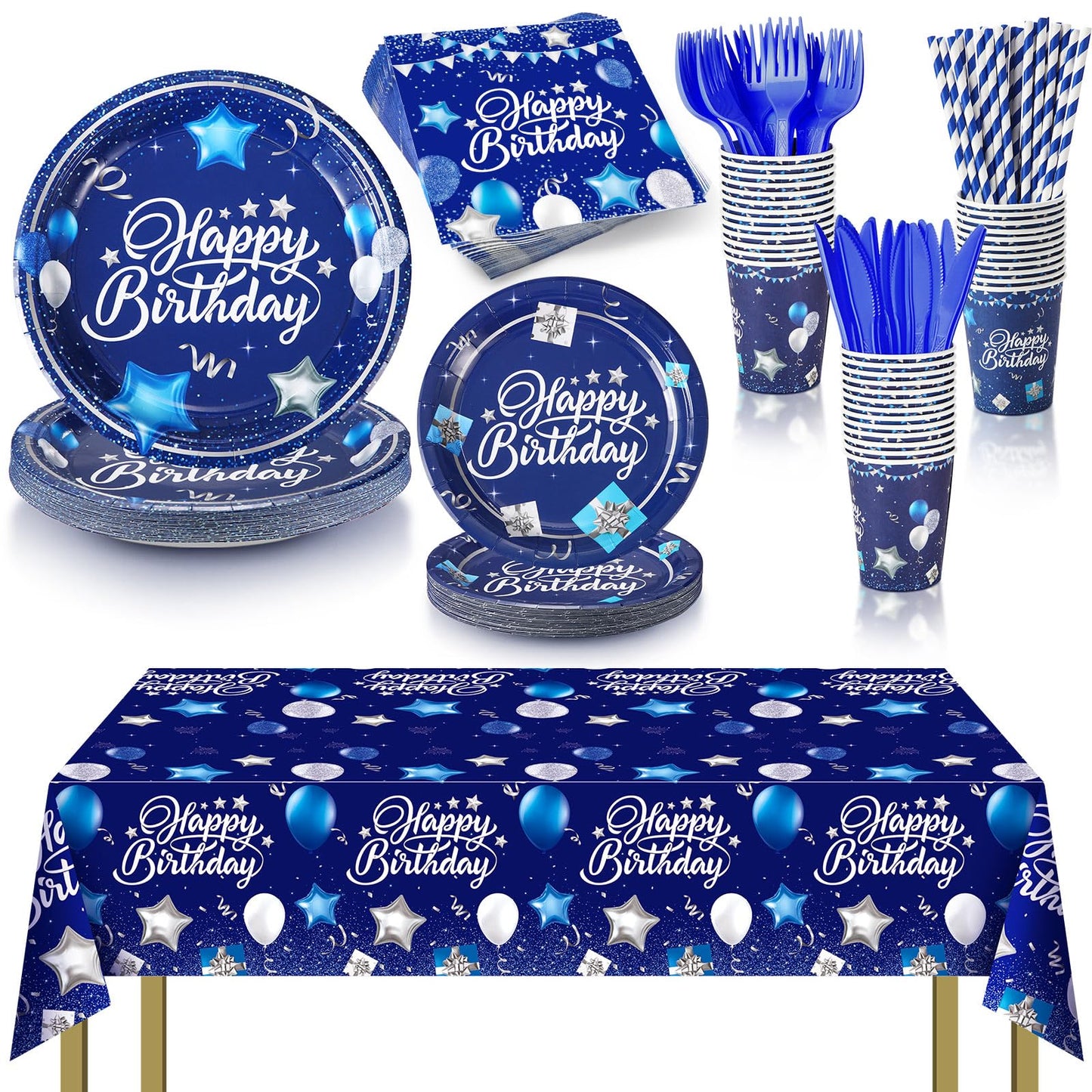 Norme 176-Piece Navy Blue & Silver Birthday Tableware Set for 25 Guests | Classic Party Supplies