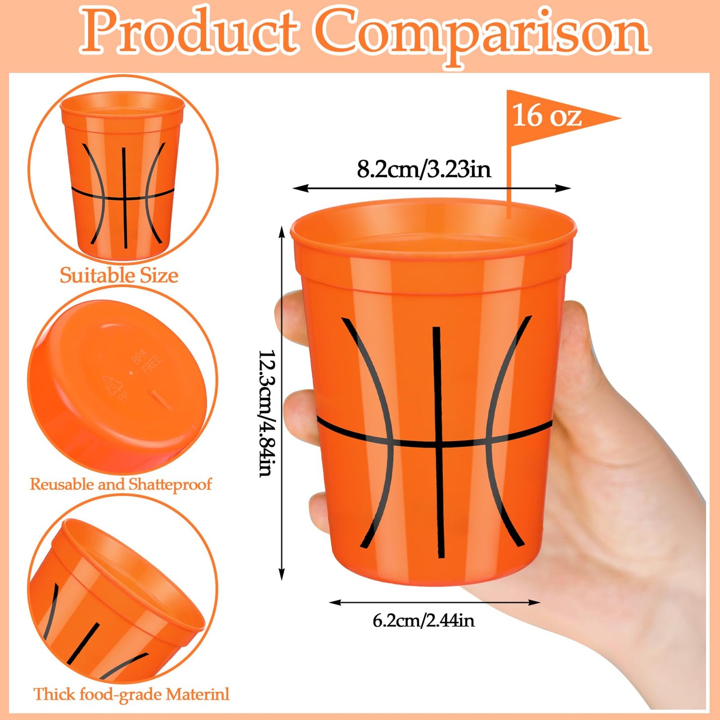 Norme 24-Pack Basketball Cups – 16 oz Reusable Party Tableware for Sports Events