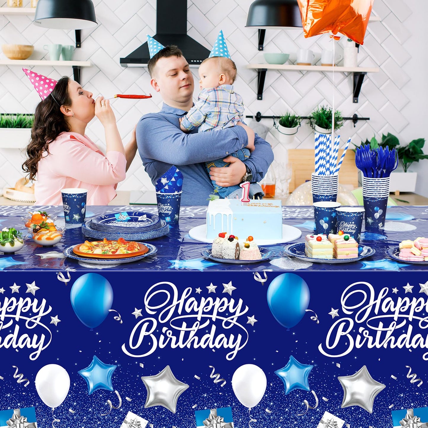 Norme 176-Piece Navy Blue & Silver Birthday Tableware Set for 25 Guests | Classic Party Supplies