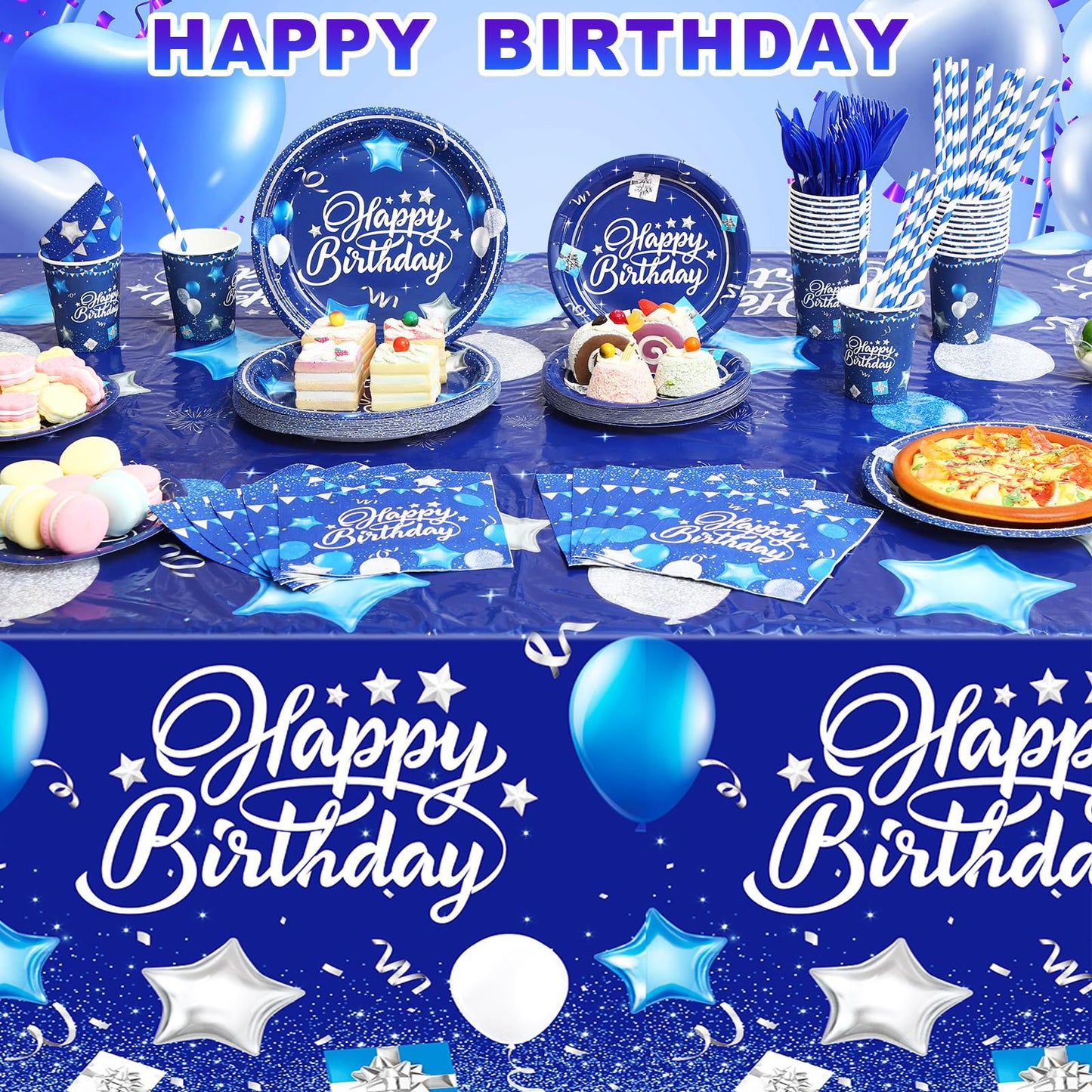 Norme 176-Piece Navy Blue & Silver Birthday Tableware Set for 25 Guests | Classic Party Supplies