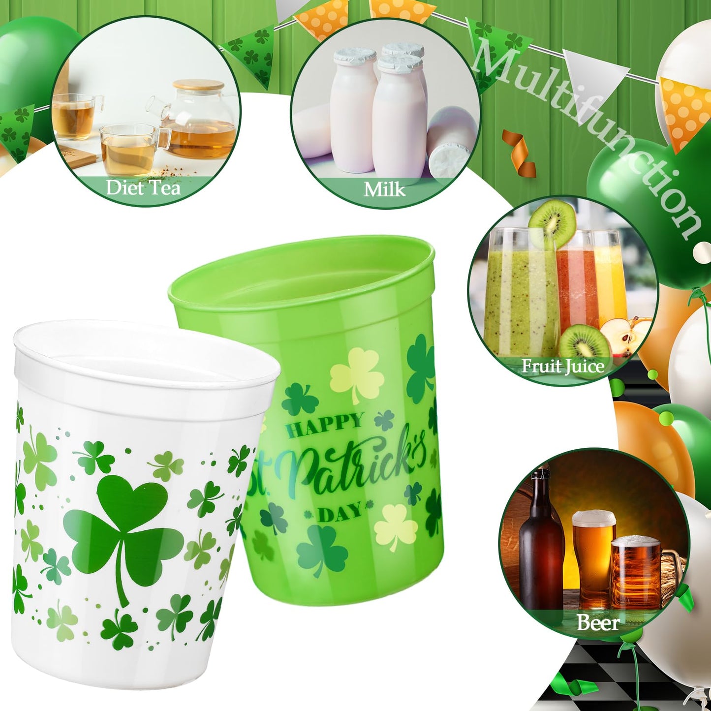 Norme 24 Pcs St Patrick's Day Plastic Cups – Reusable 16oz Shamrock Design for Parties