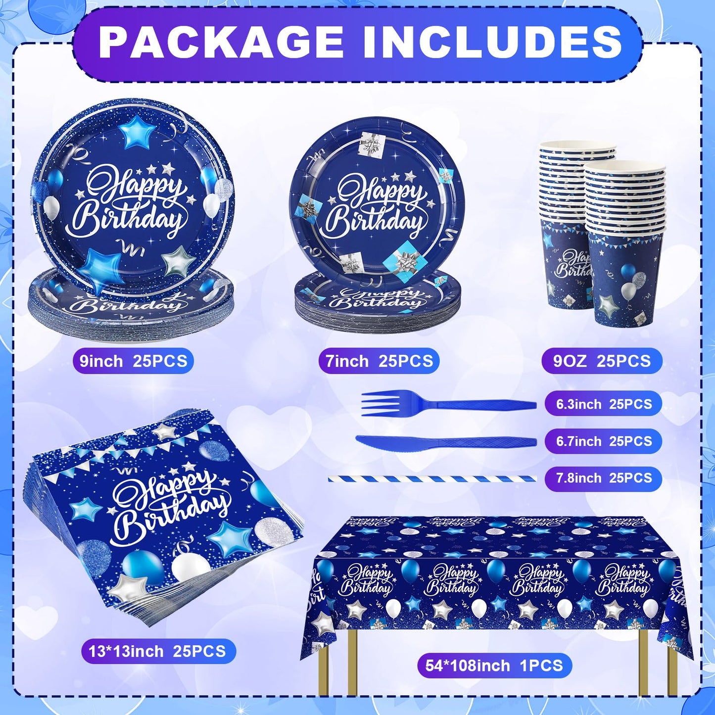 Norme 176-Piece Navy Blue & Silver Birthday Tableware Set for 25 Guests | Classic Party Supplies