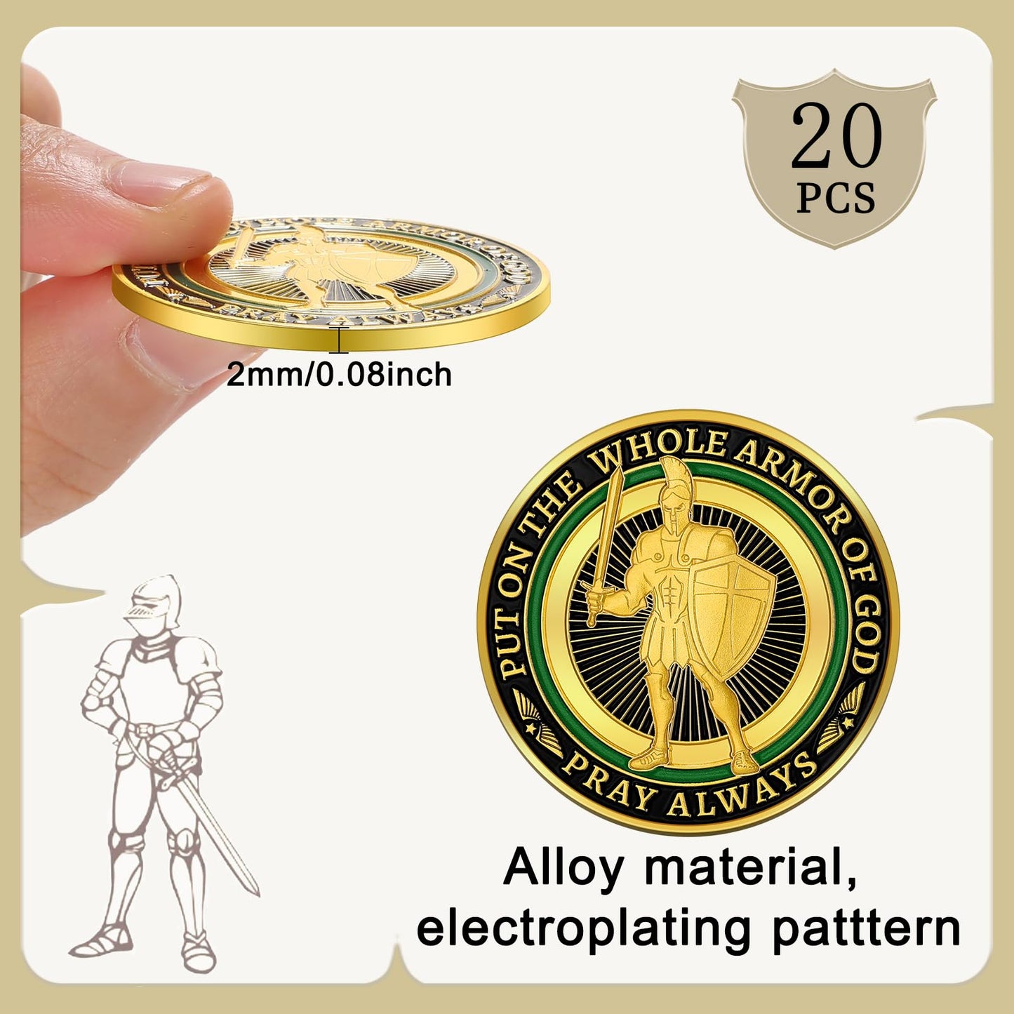 Nosiny 20 Pcs Armor of God Coins – Double-Face Christian Challenge Coins (Retro)