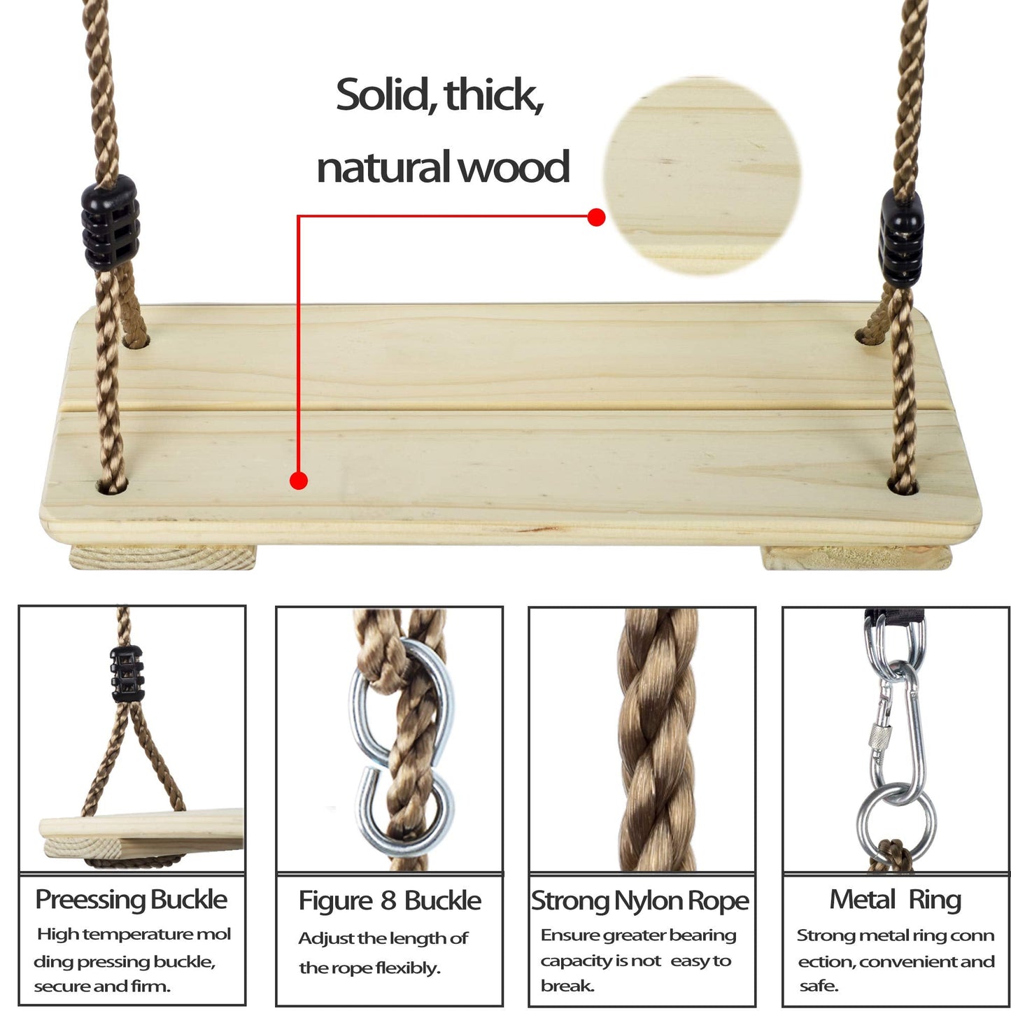 NOSTIFY Wooden Swing Seat for Kids – Adjustable Outdoor Swing with Tree Straps