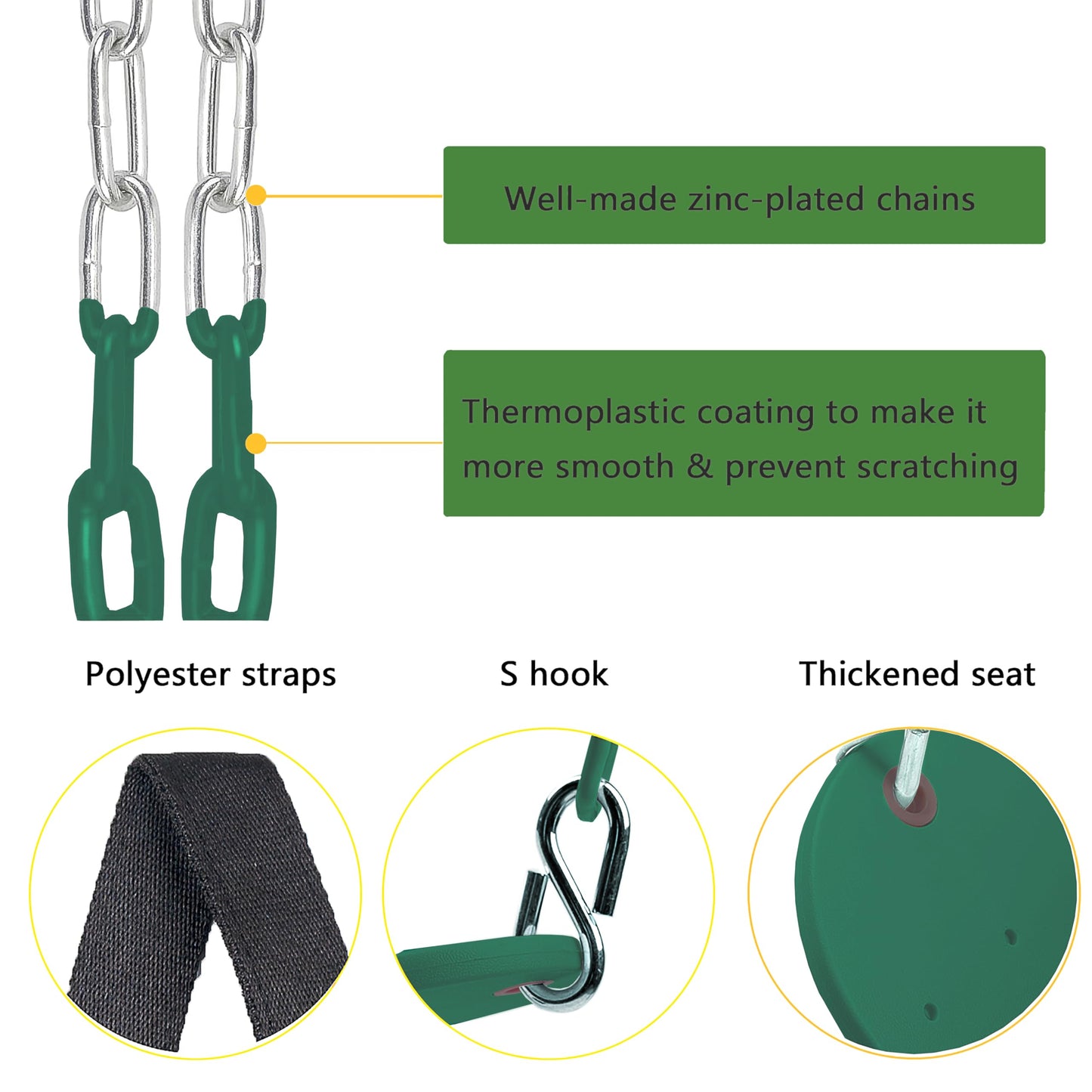 NOSTIFY 66-Inch Heavy Duty Coated Iron Chain Sensory Swing Seat – Outdoor Playground with Hooks & Straps (Green)