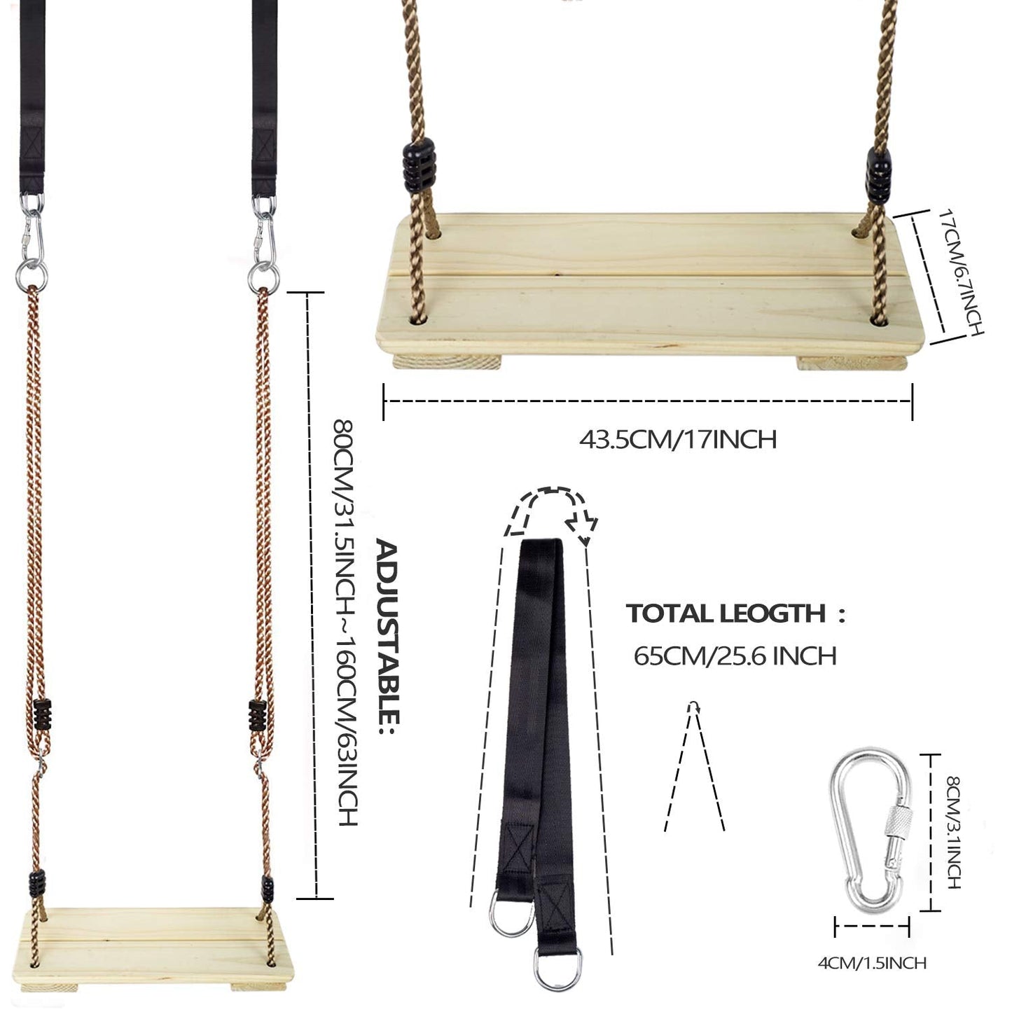 NOSTIFY Wooden Swing Seat for Kids – Adjustable Outdoor Swing with Tree Straps