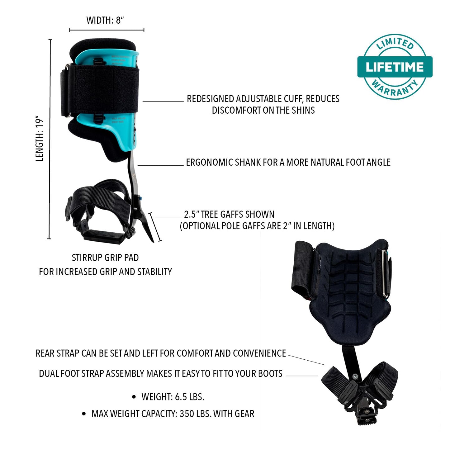 Notch Steel Climbers Ergonomic Tree Gaffs — 20+ Cuff Adjustments, Stirrup Grip Pad, Dual Foot Strap, 350 lb Capacity (99695T)