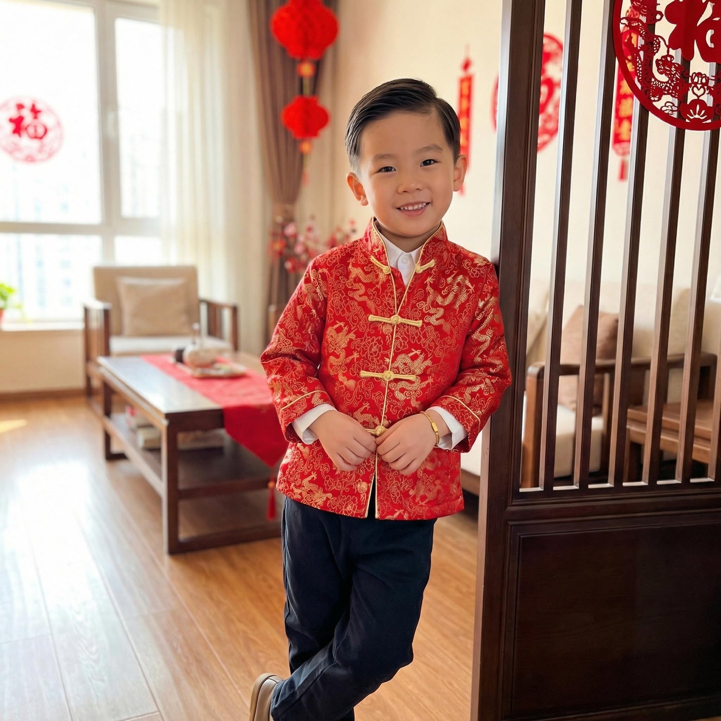 Noubeau Boy Tang Suit Dragon Long Sleeve Shirt - Red, 10-12 Years | Chinese New Year Outfit